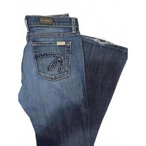 David Kahn Y2K Rhinestone Bootcut Blue Denim Jeans Mid Rise Raw Hem Size W28